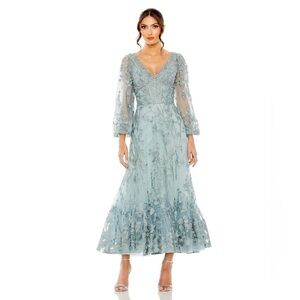 V-NECK MESH PUFF SLEEVE A LINE EMBELLISHED TEA LENGTH DRESS SEAFOAM BRAND NEW